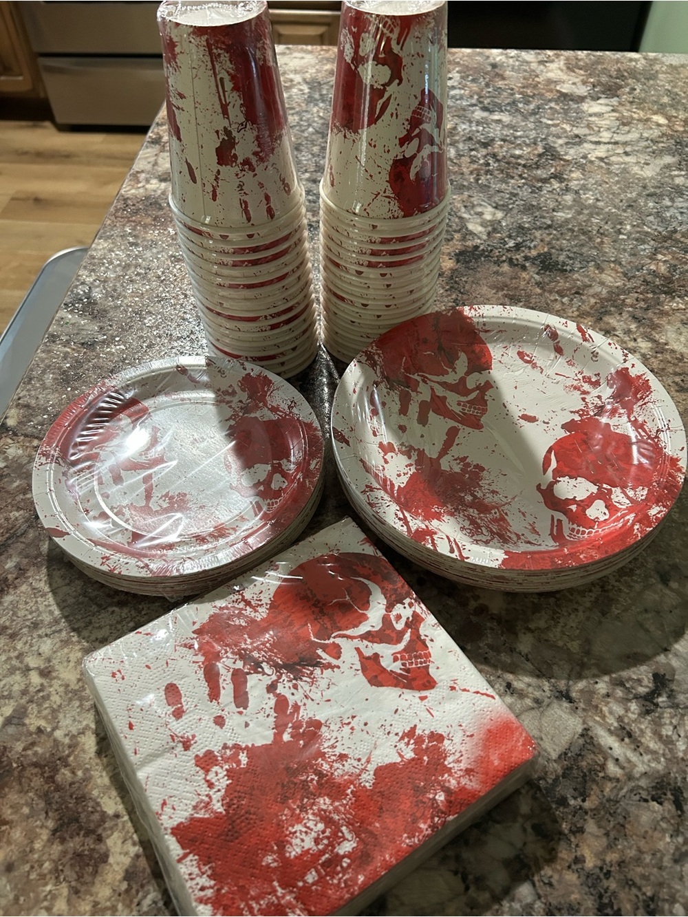 Disposable Halloween Skull & Blood-Splash Dinnerware Set - Red on Cream